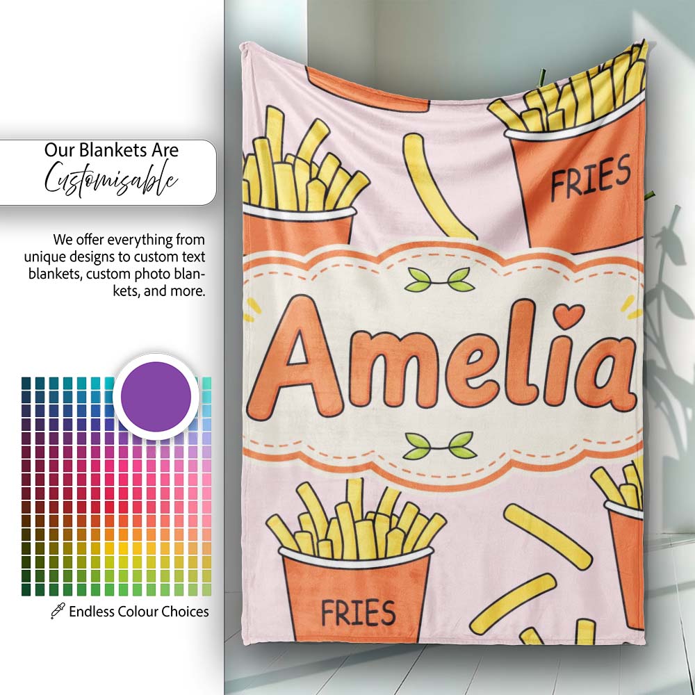 Cute French Fries Cartoon Snack Food Blush Pink Background Seamless  Personalised Custom Name Super Soft Fleece Blanket Bed Sofa Throw
