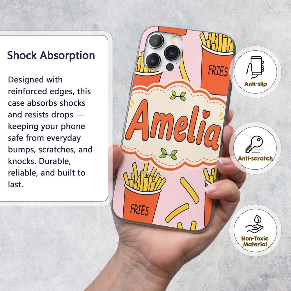 Cute French Fries Cartoon Snack Food Blush Pink Custom Name Protective Phone Case Mobile Cover Durable Everyday Smartphone Shock Resistant