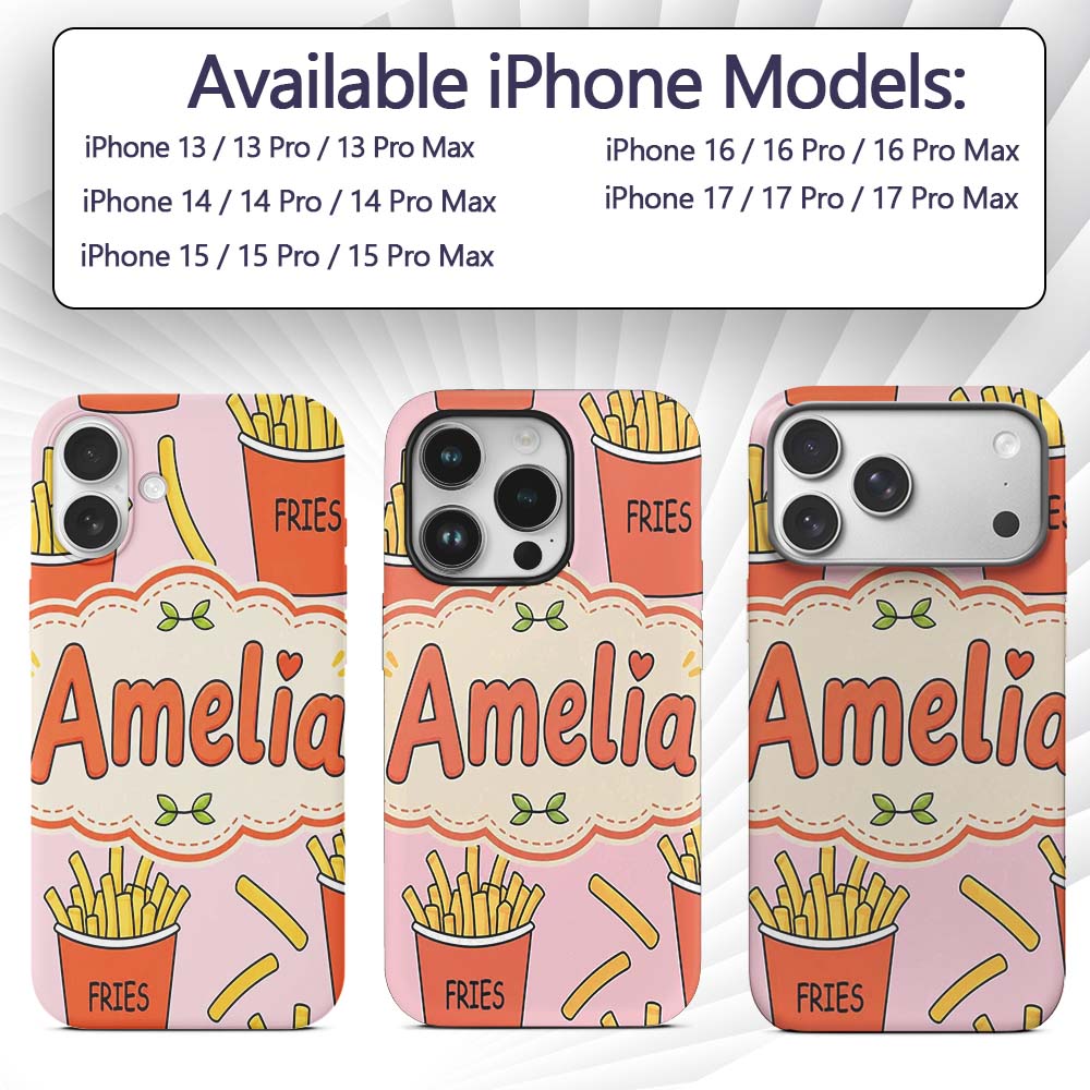 Cute French Fries Cartoon Snack Food Blush Pink Custom Name Protective Phone Case Mobile Cover Durable Everyday Smartphone Shock Resistant