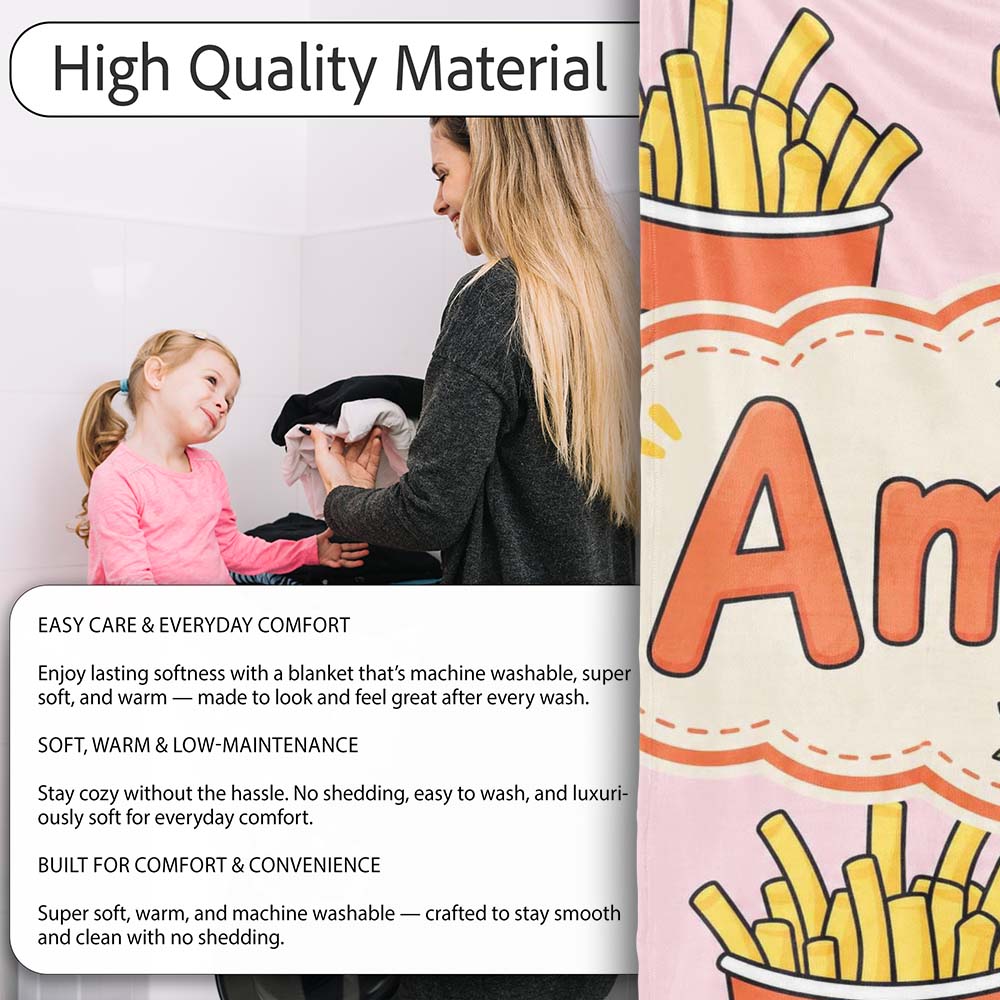 Cute French Fries Cartoon Snack Food Blush Pink Background Seamless  Personalised Custom Name Super Soft Fleece Blanket Bed Sofa Throw
