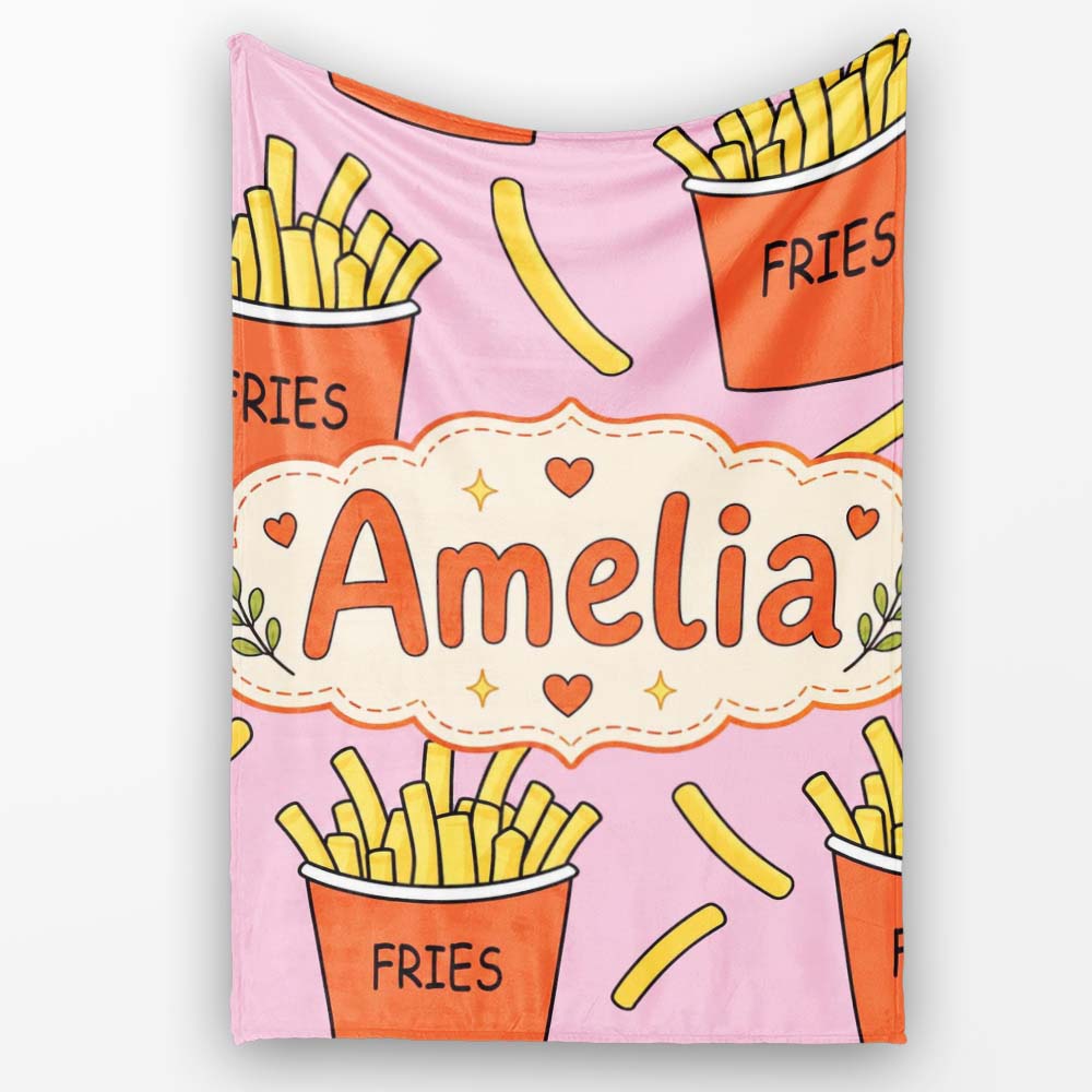 Cute French Fries Cartoon Snack Food Soft Pink Background Seamless  Personalised Custom Name Super Soft Fleece Blanket Bed Sofa Throw