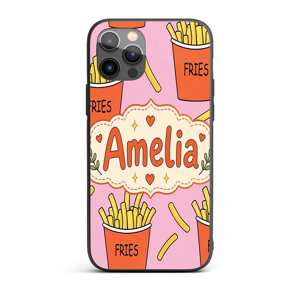 Cute French Fries Cartoon Snack Food Soft Pink Custom Name Protective Phone Case Mobile Cover Durable Everyday Smartphone Shock Resistant