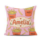 Custom Name French Fries Cartoon Snack Food Soft Pink Background Square Filled Cushion Throw Pillow Sofa Bed Home Decor Zip Washable UK Made