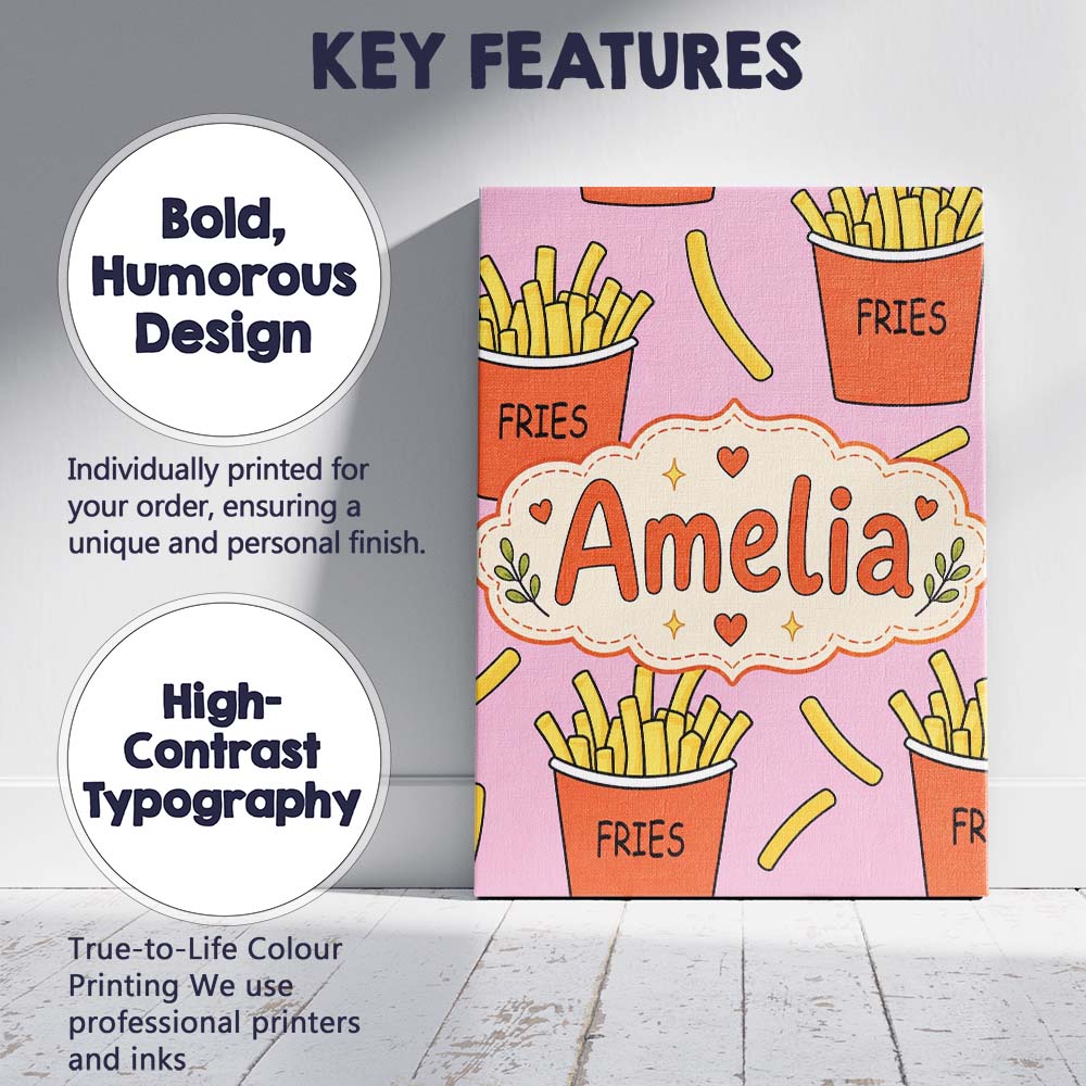 Personalised Name Cute French Fries Cartoon Custom  Bespoke Interior Contemporary Canvas Wall Art Print Decor Picture Ready to Hang