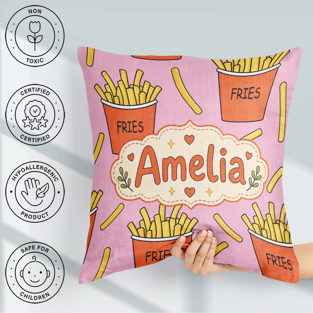 Custom Name French Fries Cartoon Snack Food Soft Pink Background Square Filled Cushion Throw Pillow Sofa Bed Home Decor Zip Washable UK Made