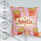 Custom Name French Fries Cartoon Snack Food Soft Pink Background Square Filled Cushion Throw Pillow Sofa Bed Home Decor Zip Washable UK Made