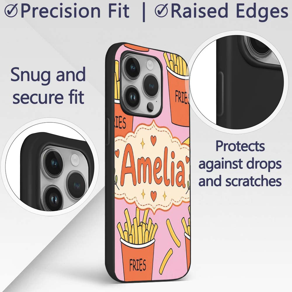Cute French Fries Cartoon Snack Food Soft Pink Custom Name Protective Phone Case Mobile Cover Durable Everyday Smartphone Shock Resistant