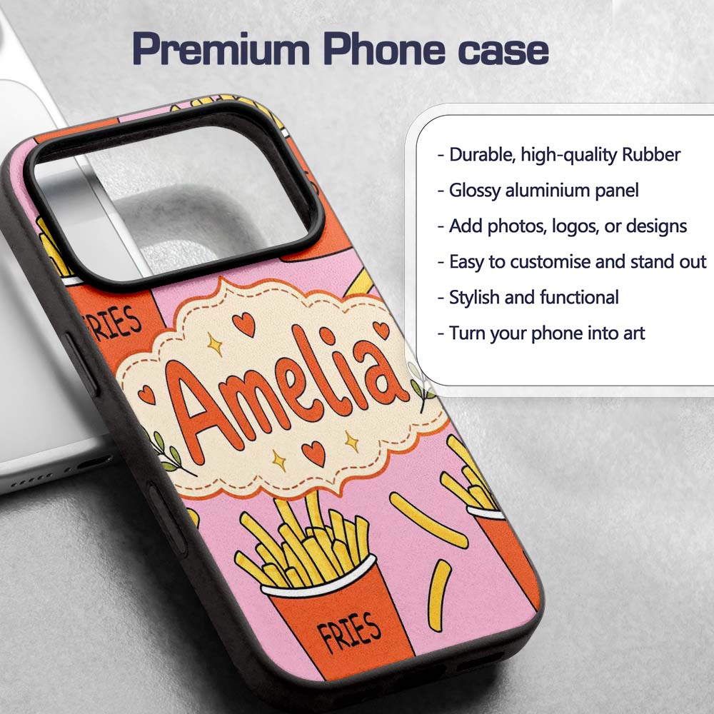 Cute French Fries Cartoon Snack Food Soft Pink Custom Name Protective Phone Case Mobile Cover Durable Everyday Smartphone Shock Resistant