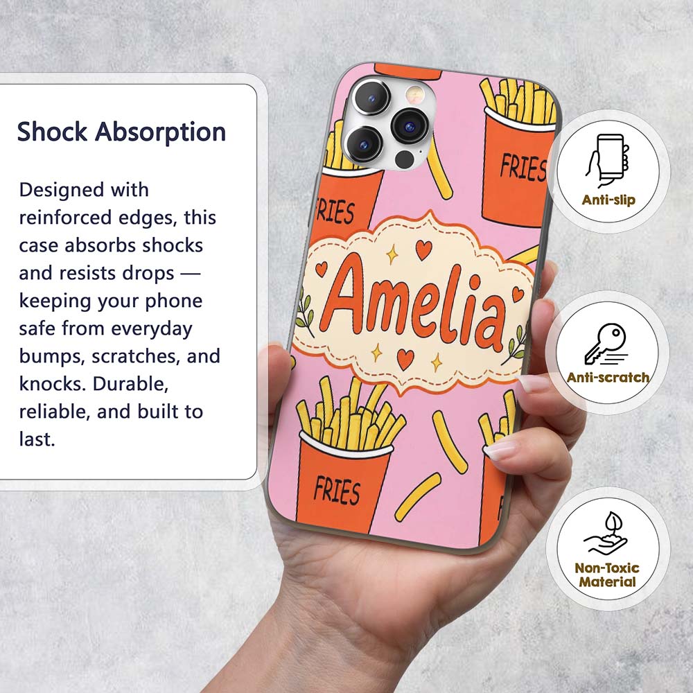 Cute French Fries Cartoon Snack Food Soft Pink Custom Name Protective Phone Case Mobile Cover Durable Everyday Smartphone Shock Resistant