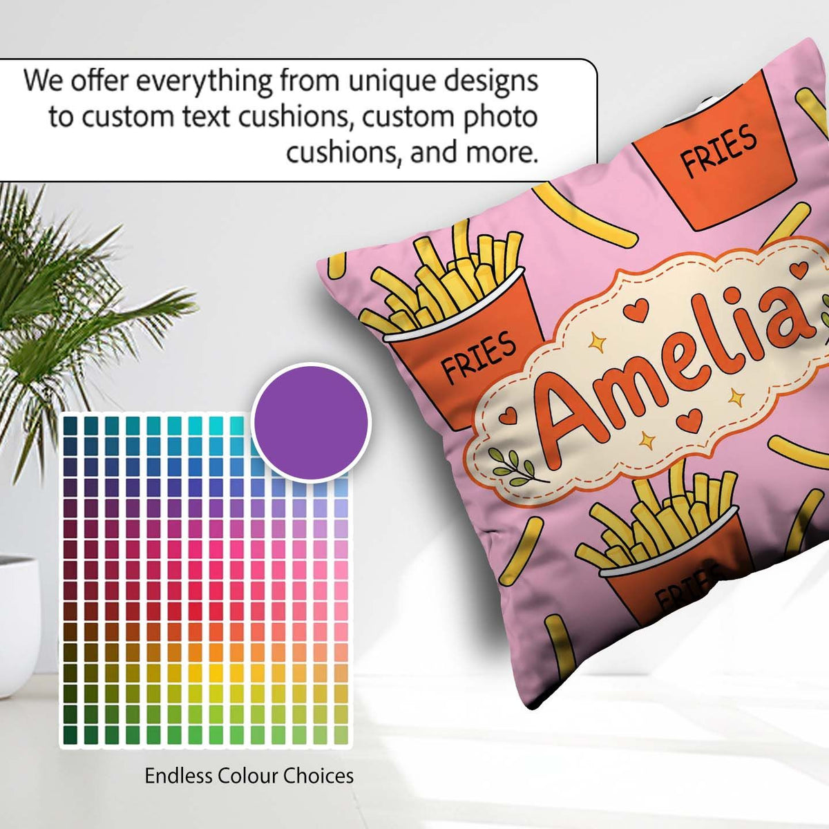Custom Name French Fries Cartoon Snack Food Soft Pink Background Square Filled Cushion Throw Pillow Sofa Bed Home Decor Zip Washable UK Made