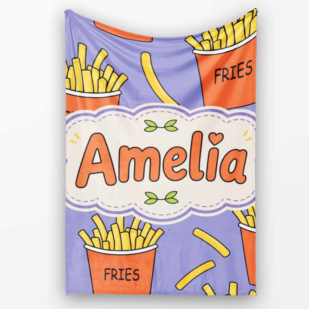 Cute French Fries Cartoon Snack Food Purple Background Seamless  Personalised Custom Name Super Soft Fleece Blanket Bed Sofa Throw