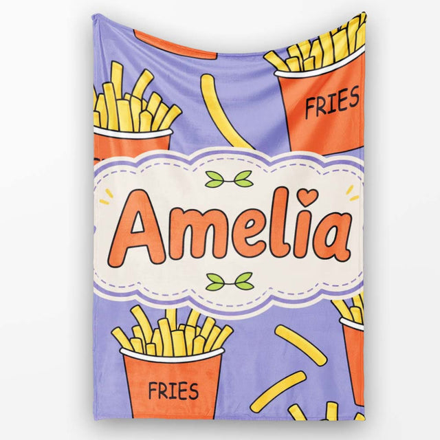 Cute French Fries Cartoon Snack Food Purple Background Seamless  Personalised Custom Name Super Soft Fleece Blanket Bed Sofa Throw