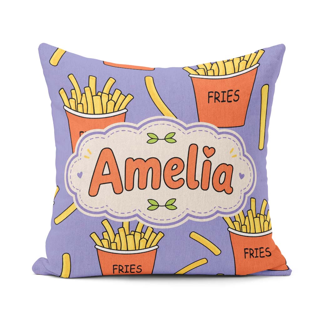 Custom Name Cute French Fries Cartoon Snack Food Purple Seamless Square Filled Cushion Throw Pillow Sofa Bed Home Decor Zip Washable UK Made
