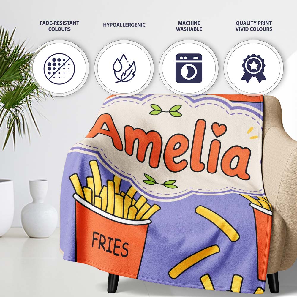Cute French Fries Cartoon Snack Food Purple Background Seamless  Personalised Custom Name Super Soft Fleece Blanket Bed Sofa Throw