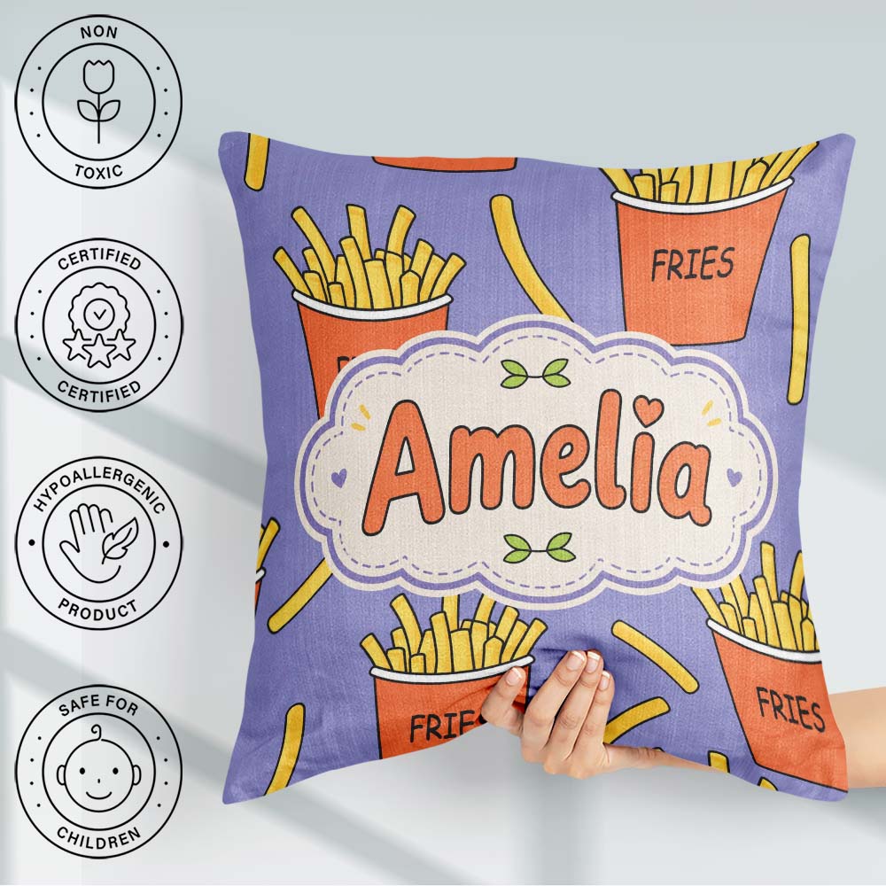 Custom Name Cute French Fries Cartoon Snack Food Purple Seamless Square Filled Cushion Throw Pillow Sofa Bed Home Decor Zip Washable UK Made