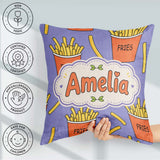 Custom Name Cute French Fries Cartoon Snack Food Purple Seamless Square Filled Cushion Throw Pillow Sofa Bed Home Decor Zip Washable UK Made