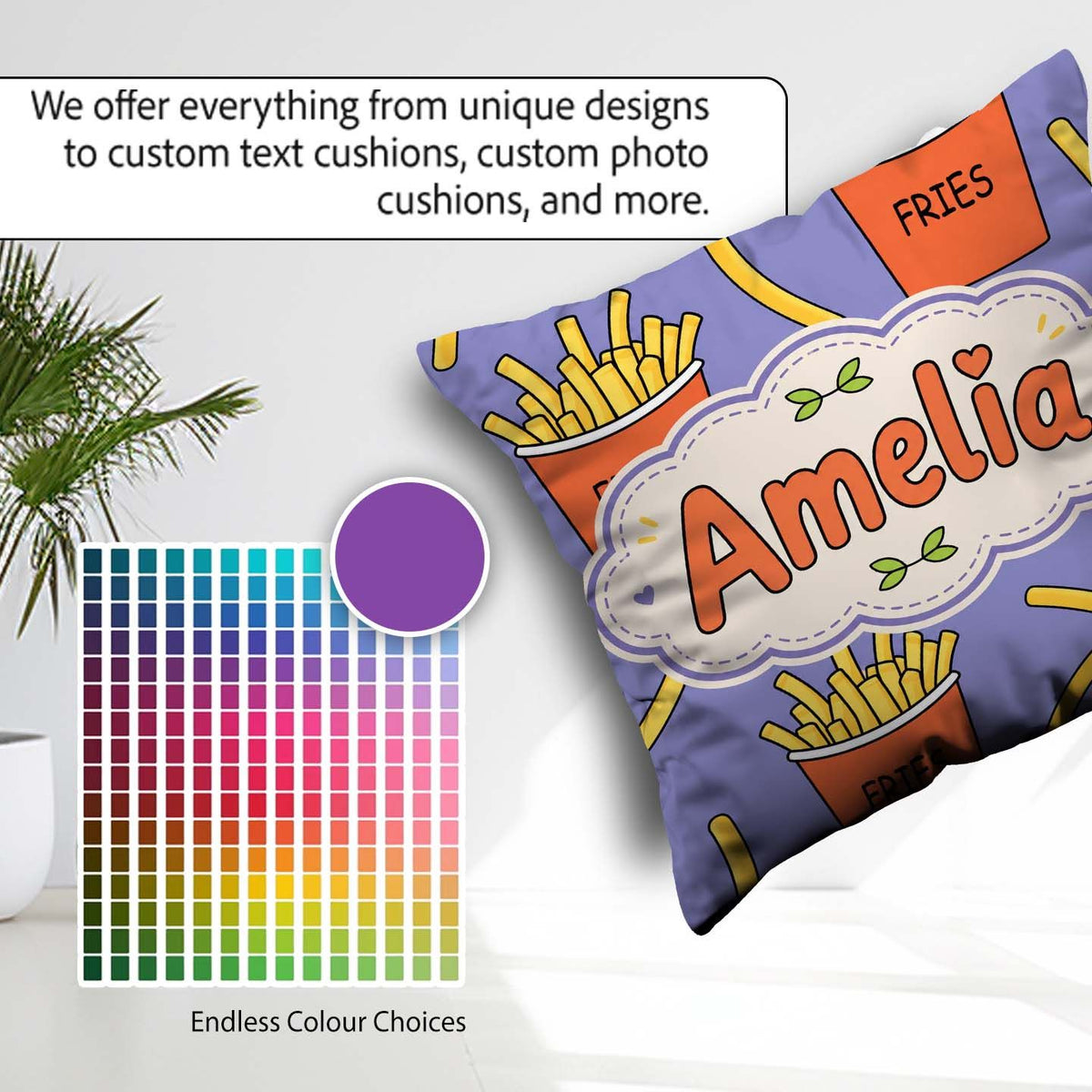 Custom Name Cute French Fries Cartoon Snack Food Purple Seamless Square Filled Cushion Throw Pillow Sofa Bed Home Decor Zip Washable UK Made