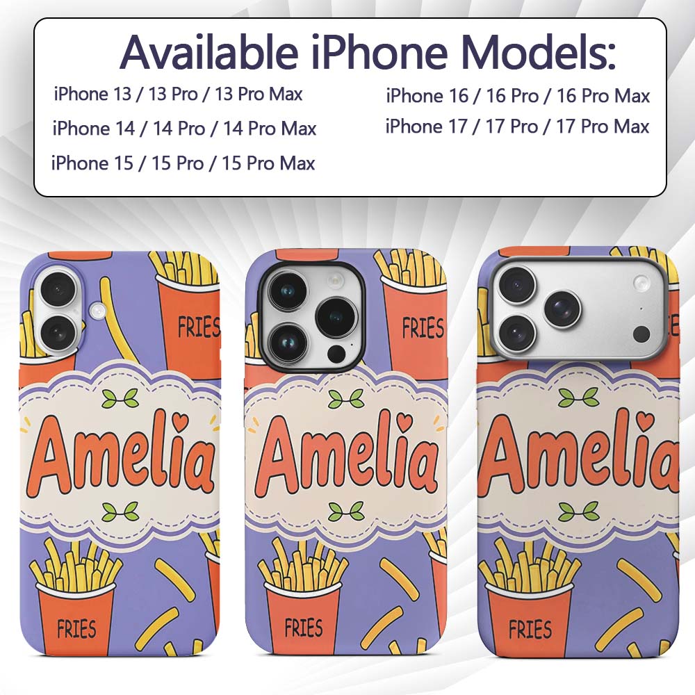 Cute French Fries Cartoon Snack Printed Design Custom Name Protective Phone Case Mobile Cover Durable Everyday Smartphone Shock Resistant