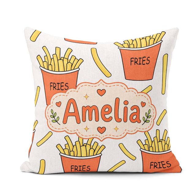 Custom Name French Fries Cartoon Snack Food Light Grey Seamless Square Filled Cushion Throw Pillow Sofa Bed Home Decor Zip Washable UK Made