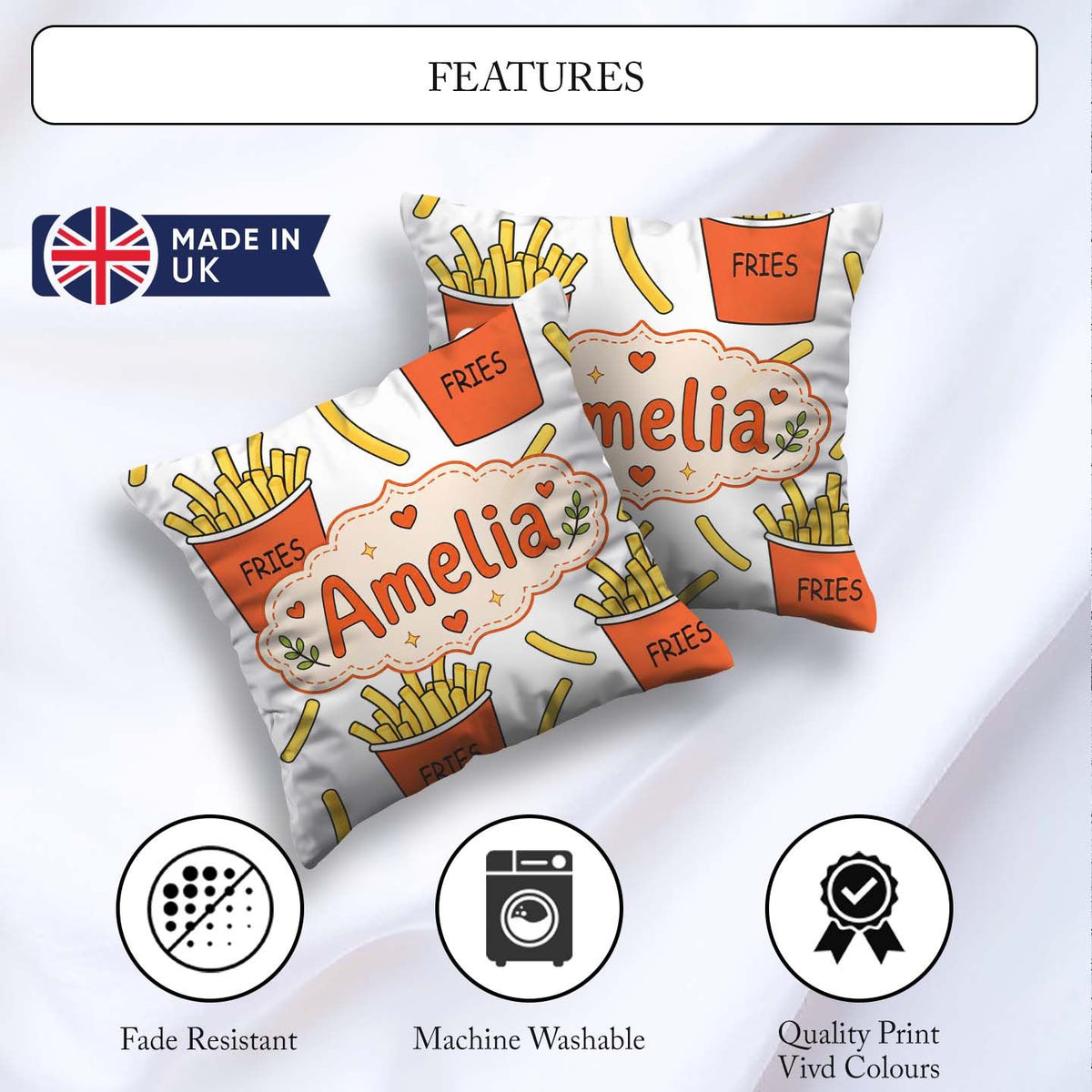 Custom Name French Fries Cartoon Snack Food Light Grey Seamless Square Filled Cushion Throw Pillow Sofa Bed Home Decor Zip Washable UK Made