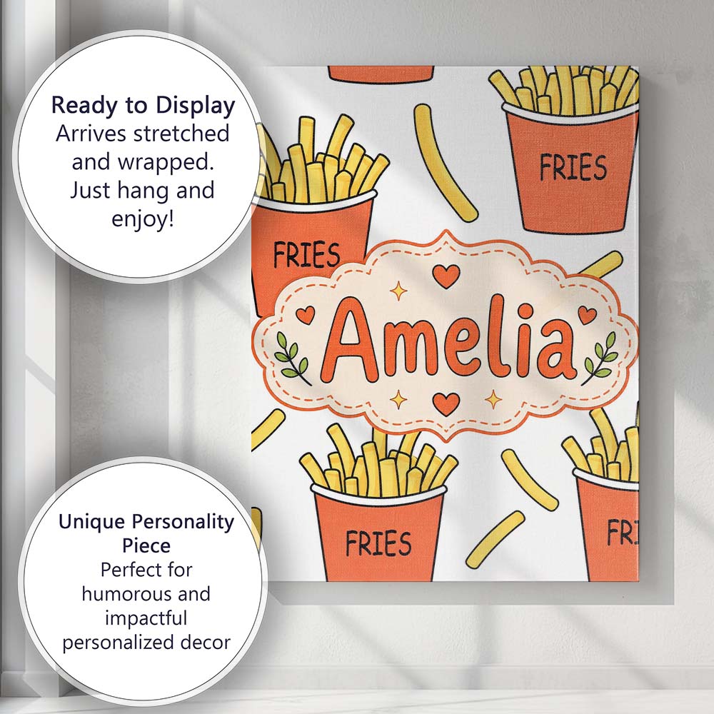Personalised Name Cute French Fries Cartoon Custom  Bespoke Interior Contemporary Canvas Wall Art Print Decor Picture Ready to Hang