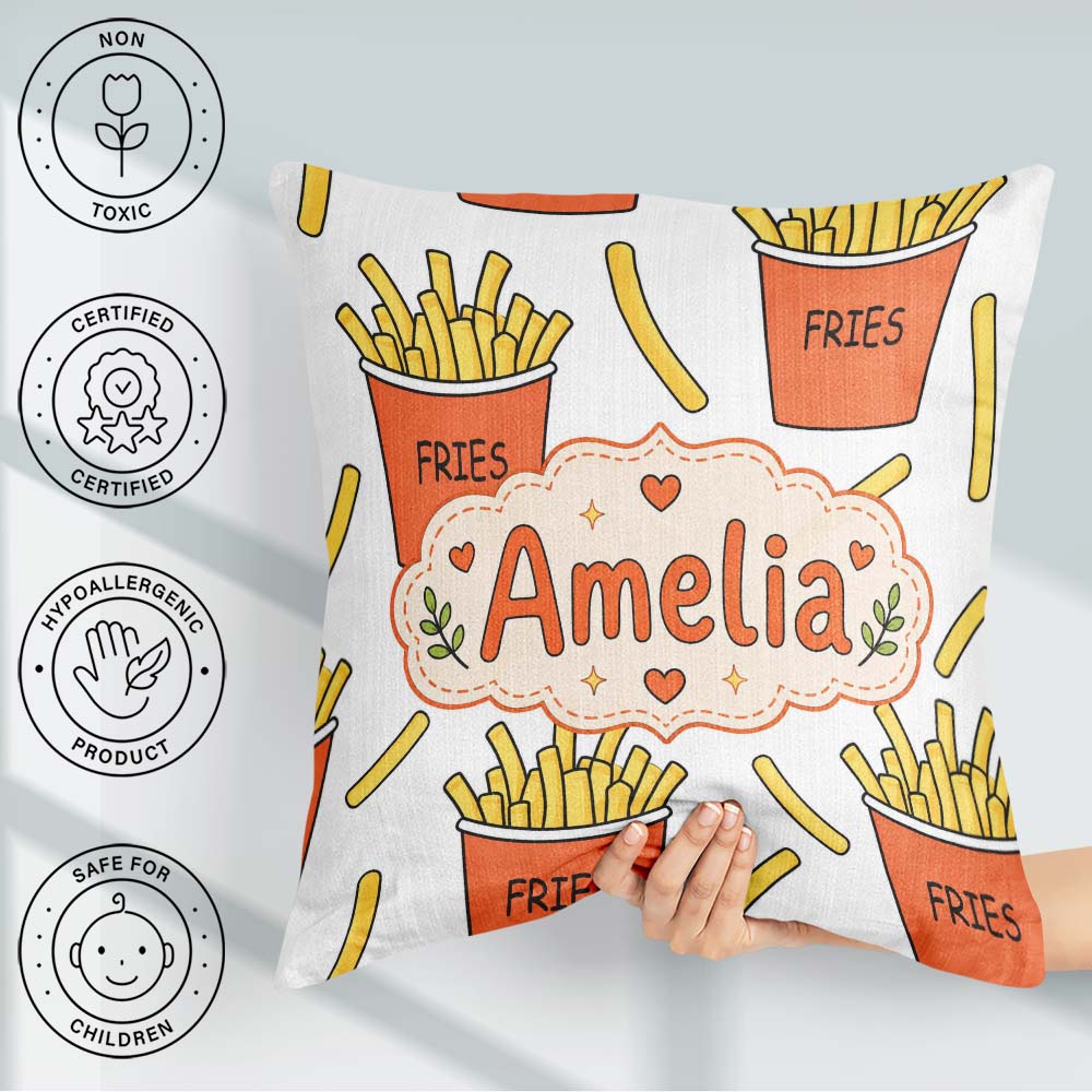 Custom Name French Fries Cartoon Snack Food Light Grey Seamless Square Filled Cushion Throw Pillow Sofa Bed Home Decor Zip Washable UK Made