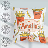 Custom Name French Fries Cartoon Snack Food Light Grey Seamless Square Filled Cushion Throw Pillow Sofa Bed Home Decor Zip Washable UK Made
