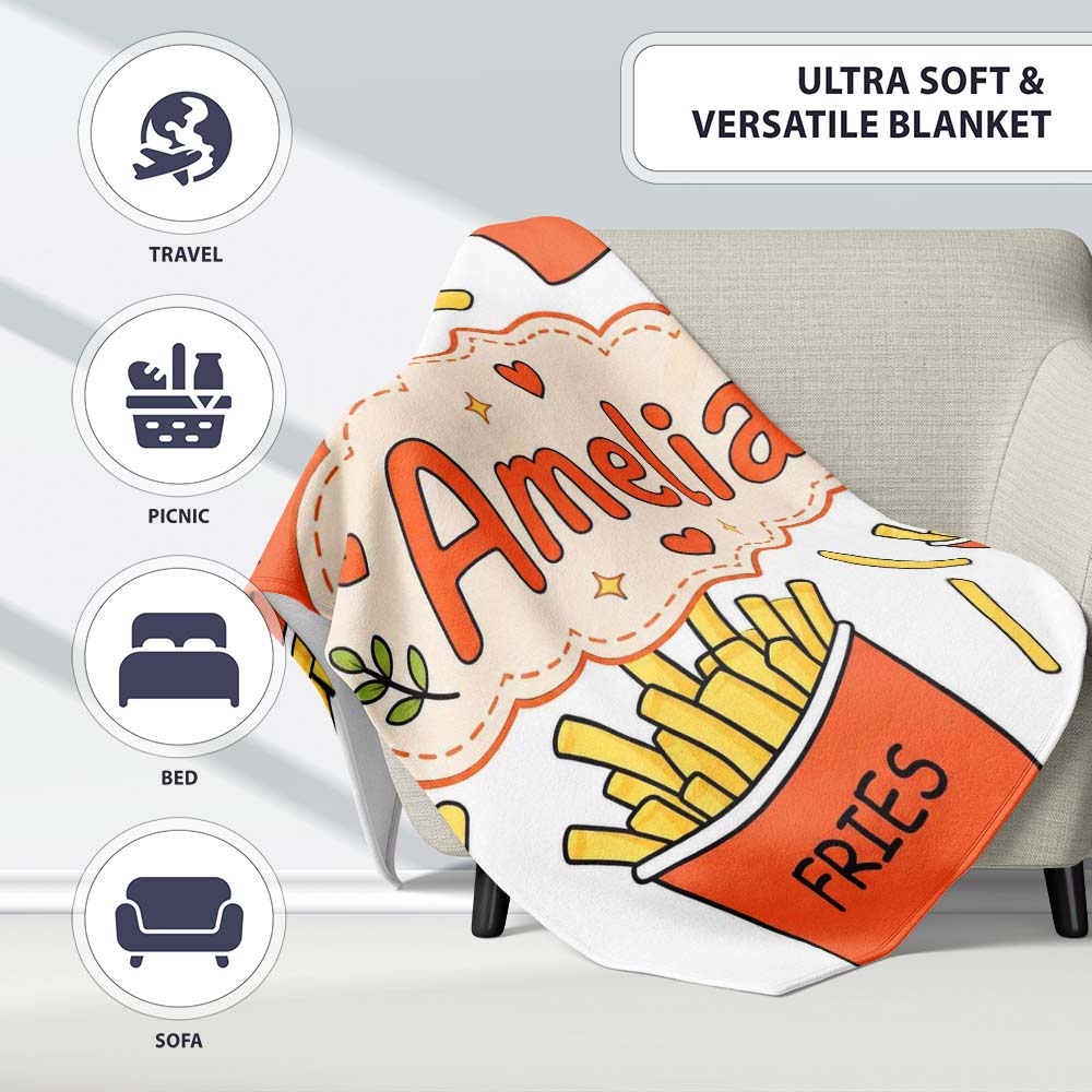 Cute French Fries Cartoon Snack Food Light Grey Background Seamless  Personalised Custom Name Super Soft Fleece Blanket Bed Sofa Throw