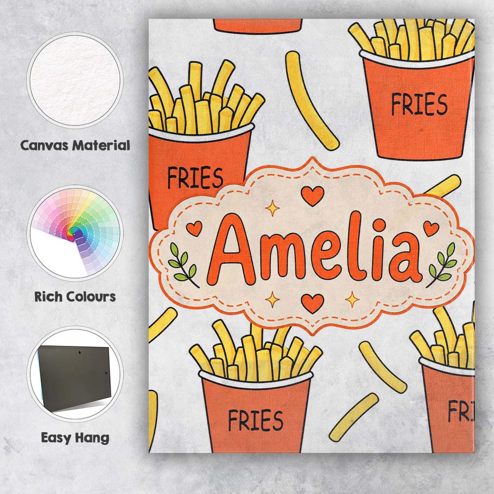 Personalised Name Cute French Fries Cartoon Custom  Bespoke Interior Contemporary Canvas Wall Art Print Decor Picture Ready to Hang