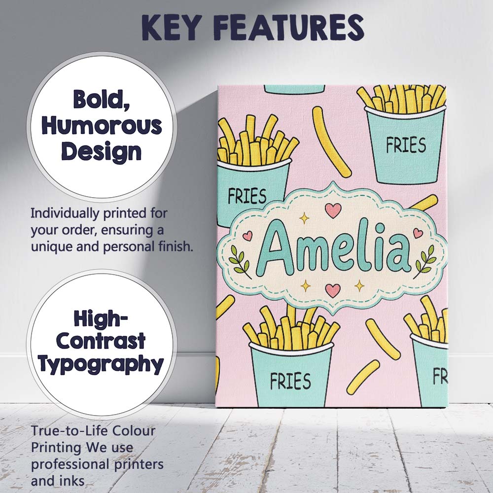 Personalised Name Cute French Fries Cartoon Custom  Bespoke Interior Contemporary Canvas Wall Art Print Decor Picture Ready to Hang