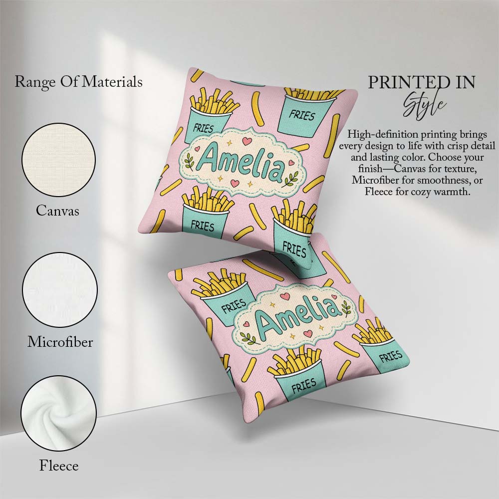 Custom Name French Fries Cartoon Seamless Pattern Teal Cups Pink Square Filled Cushion Throw Pillow Sofa Bed Home Decor Zip Washable UK Made