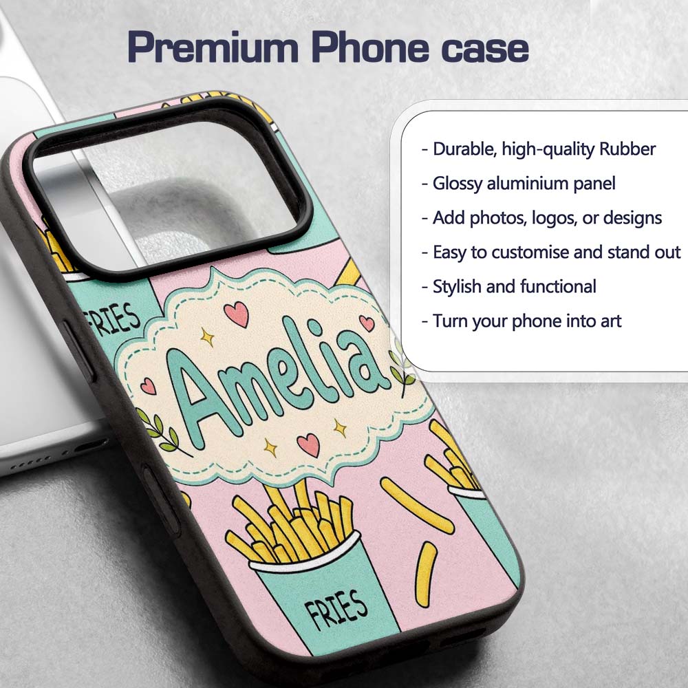Cute French Fries Cartoon Snack Seamless Pattern Custom Name Protective Phone Case Mobile Cover Durable Everyday Smartphone Shock Resistant