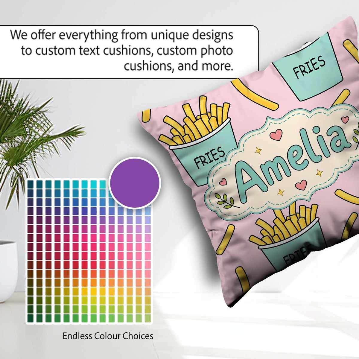 Custom Name French Fries Cartoon Seamless Pattern Teal Cups Pink Square Filled Cushion Throw Pillow Sofa Bed Home Decor Zip Washable UK Made