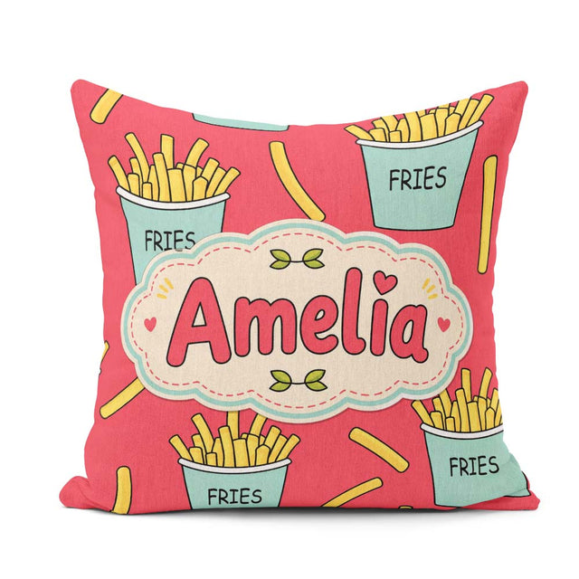Custom Name French Fries Cartoon Snack Seamless Pattern Teal Red Square Filled Cushion Throw Pillow Sofa Bed Home Decor Zip Washable UK Made