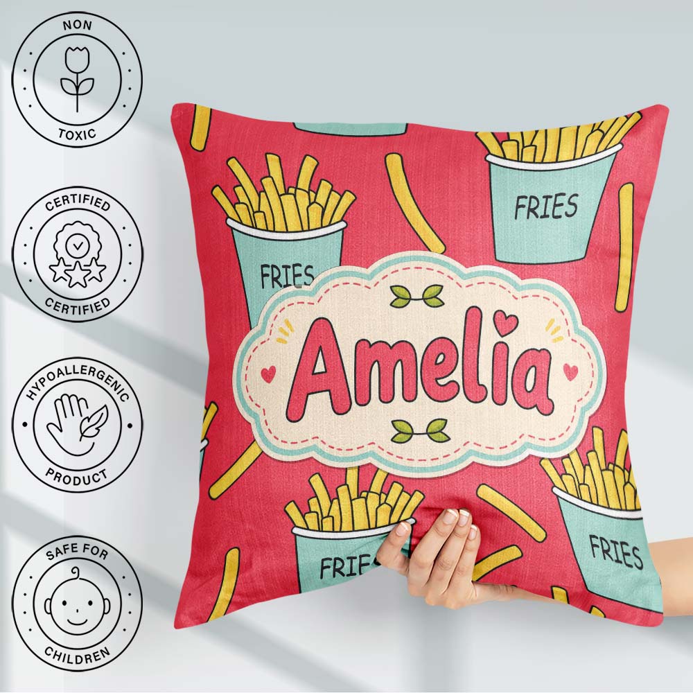 Custom Name French Fries Cartoon Snack Seamless Pattern Teal Red Square Filled Cushion Throw Pillow Sofa Bed Home Decor Zip Washable UK Made