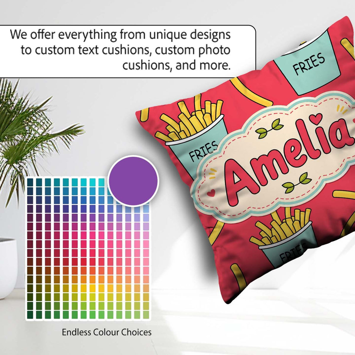 Custom Name French Fries Cartoon Snack Seamless Pattern Teal Red Square Filled Cushion Throw Pillow Sofa Bed Home Decor Zip Washable UK Made