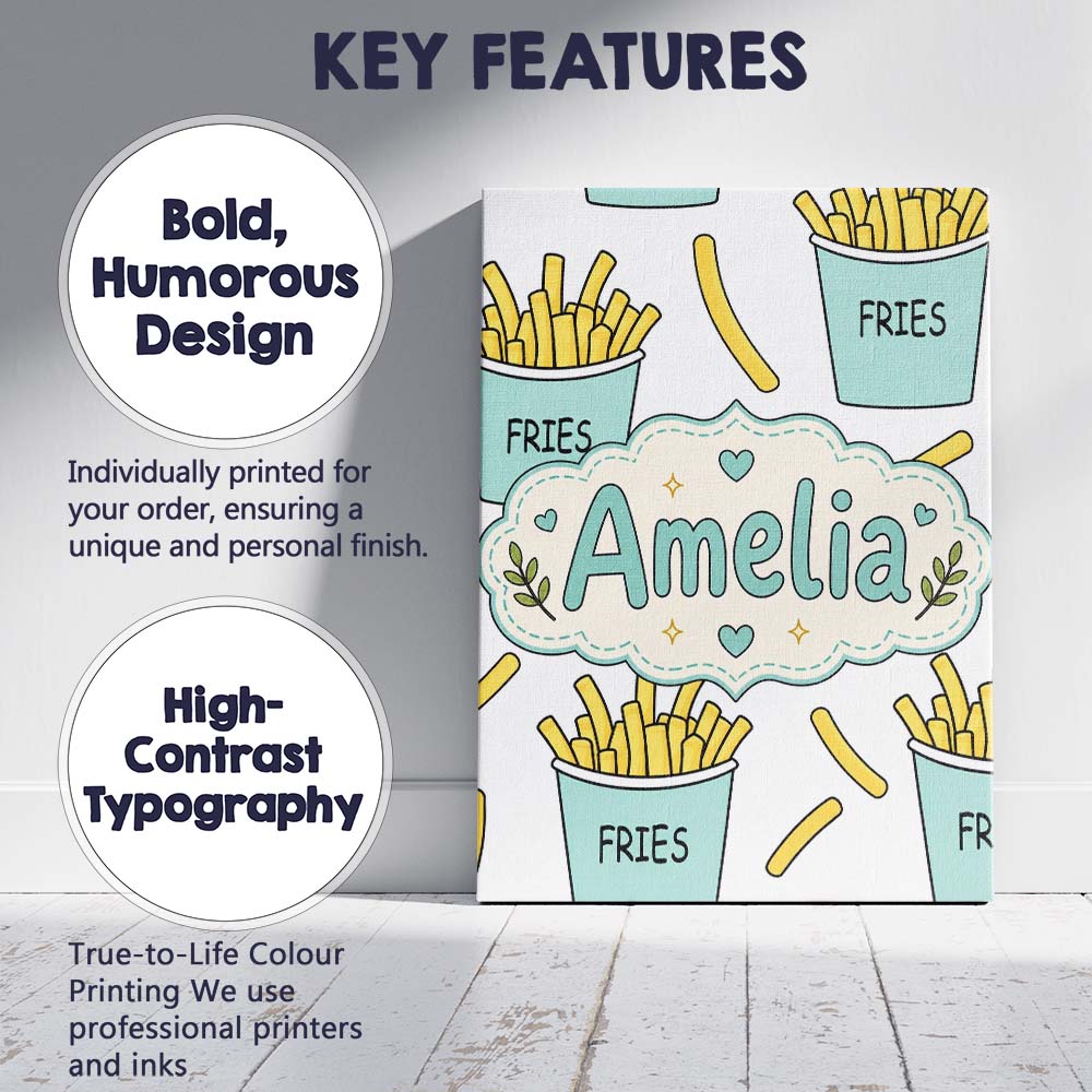Personalised Name Cute French Fries Cartoon Custom  Bespoke Interior Contemporary Canvas Wall Art Print Decor Picture Ready to Hang