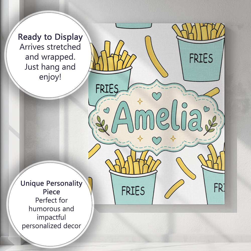 Personalised Name Cute French Fries Cartoon Custom  Bespoke Interior Contemporary Canvas Wall Art Print Decor Picture Ready to Hang