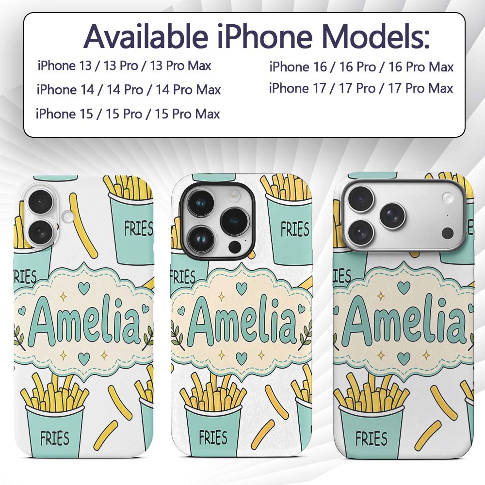 Cute French Fries Cartoon Snack Seamless Pattern Custom Name Protective Phone Case Mobile Cover Durable Everyday Smartphone Shock Resistant