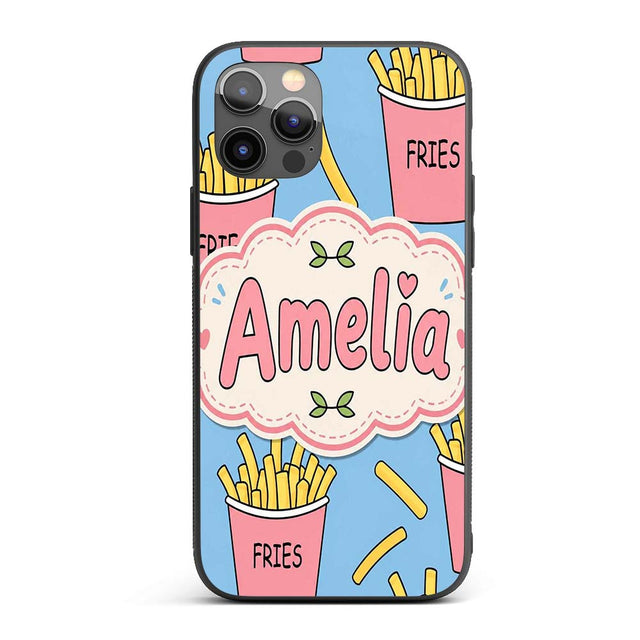 Cute French Fries Cartoon Snack Seamless Pattern Custom Name Protective Phone Case Mobile Cover Durable Everyday Smartphone Shock Resistant