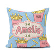 Custom Name French Fries Cartoon Seamless Pattern Pink Cups Blue Square Filled Cushion Throw Pillow Sofa Bed Home Decor Zip Washable UK Made