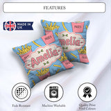 Custom Name French Fries Cartoon Seamless Pattern Pink Cups Blue Square Filled Cushion Throw Pillow Sofa Bed Home Decor Zip Washable UK Made