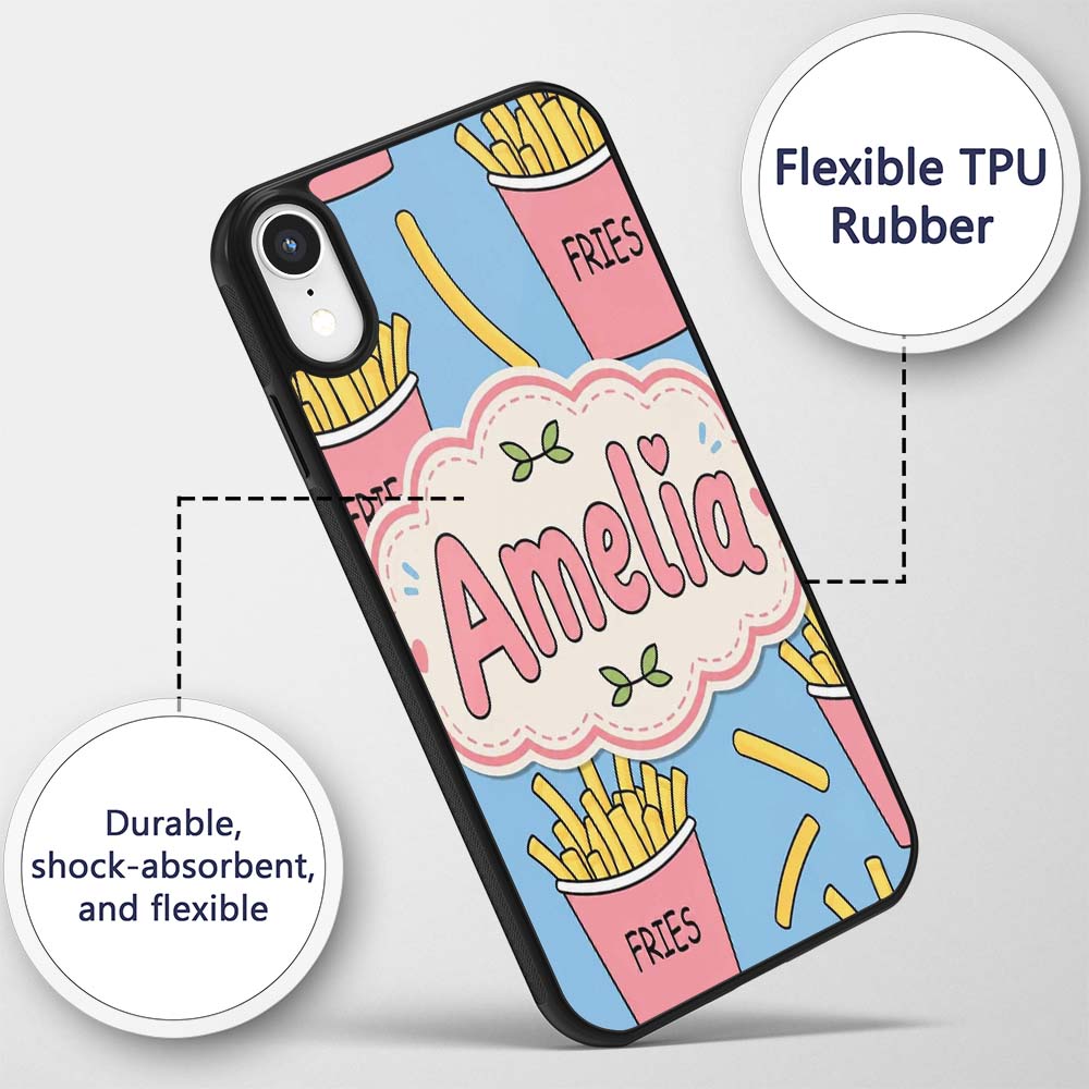 Cute French Fries Cartoon Snack Seamless Pattern Custom Name Protective Phone Case Mobile Cover Durable Everyday Smartphone Shock Resistant