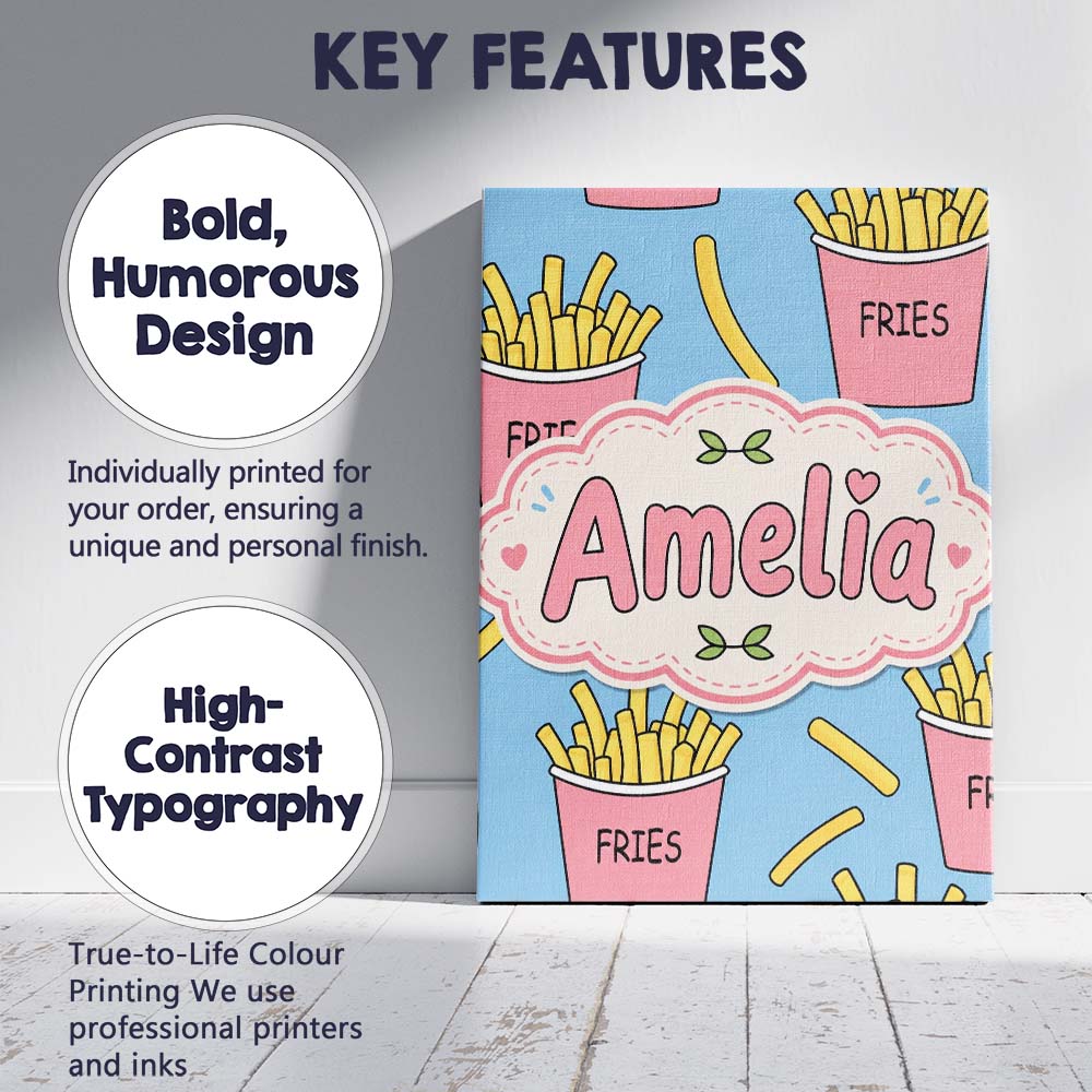 Personalised Name Cute French Fries Cartoon Custom  Bespoke Interior Contemporary Canvas Wall Art Print Decor Picture Ready to Hang