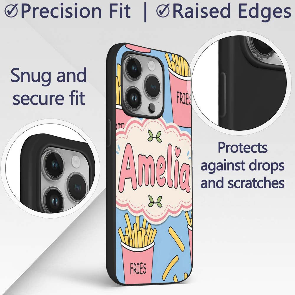 Cute French Fries Cartoon Snack Seamless Pattern Custom Name Protective Phone Case Mobile Cover Durable Everyday Smartphone Shock Resistant