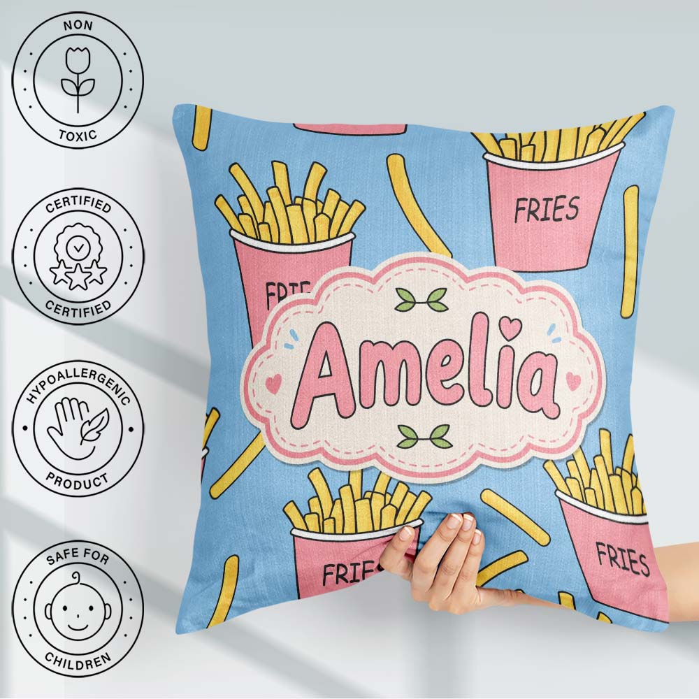 Custom Name French Fries Cartoon Seamless Pattern Pink Cups Blue Square Filled Cushion Throw Pillow Sofa Bed Home Decor Zip Washable UK Made