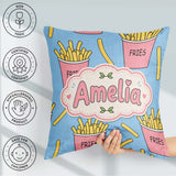 Custom Name French Fries Cartoon Seamless Pattern Pink Cups Blue Square Filled Cushion Throw Pillow Sofa Bed Home Decor Zip Washable UK Made