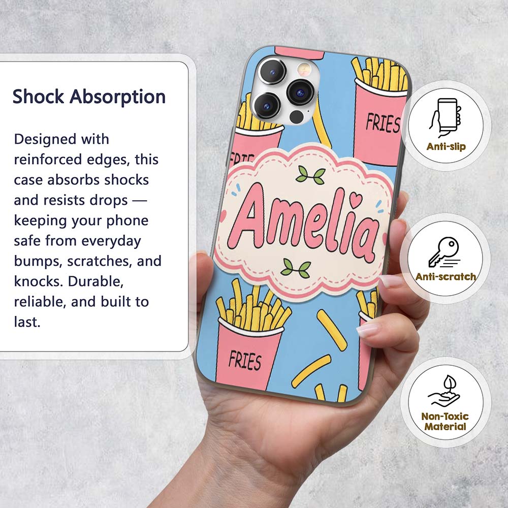 Cute French Fries Cartoon Snack Seamless Pattern Custom Name Protective Phone Case Mobile Cover Durable Everyday Smartphone Shock Resistant