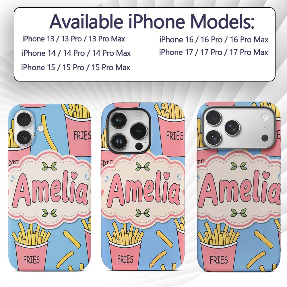 Cute French Fries Cartoon Snack Seamless Pattern Custom Name Protective Phone Case Mobile Cover Durable Everyday Smartphone Shock Resistant