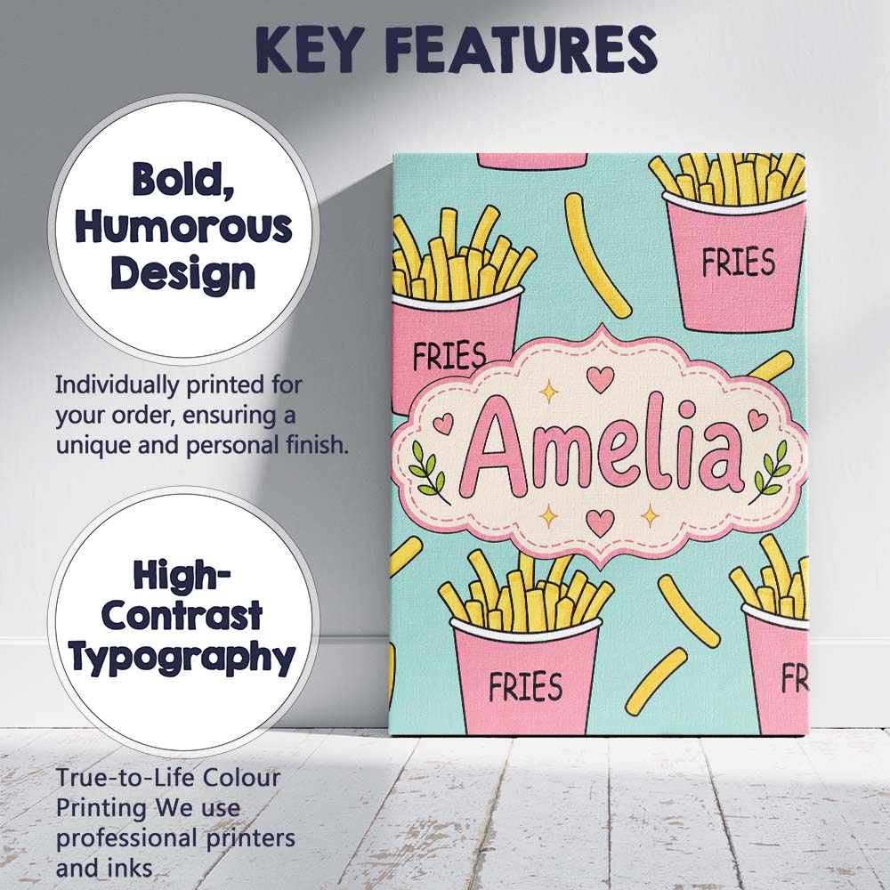 Personalised Name Cute French Fries Cartoon Custom  Bespoke Interior Contemporary Canvas Wall Art Print Decor Picture Ready to Hang